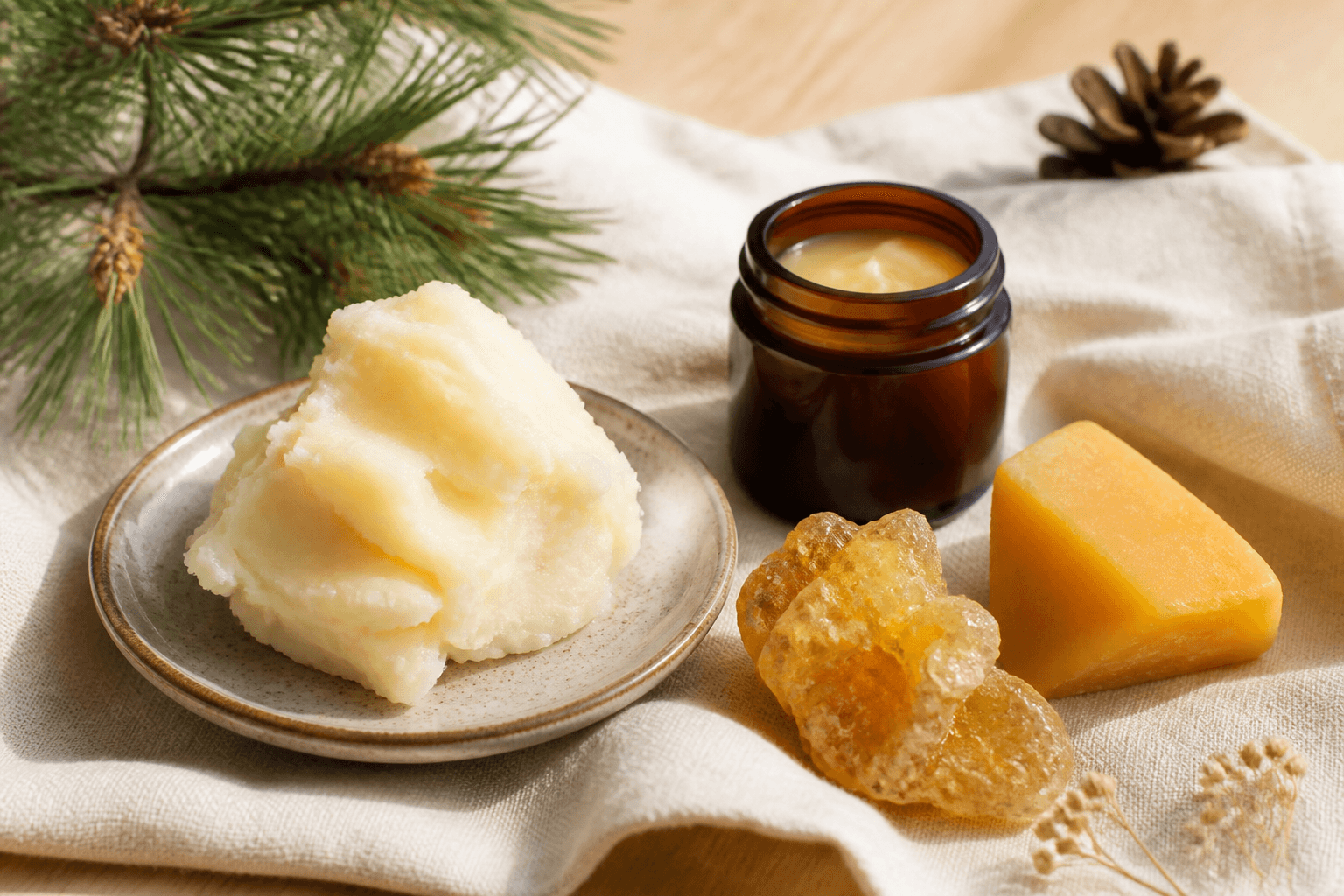 Łój wołowy, żywica świerkowa i wosk pszczeli na lnianej tkaninie - składniki balsamu